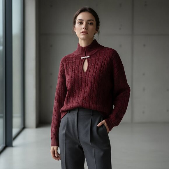 NWT preppy cable knit sweater silver clip by Commense burgundy XL - Picture 9 of 9